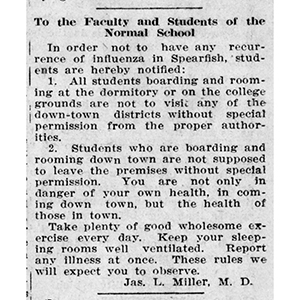 Screenshot of archived Normal School article addressed to the students about the Spanish Flu