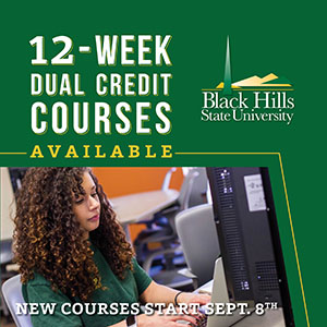 12-week dual credit courses available at BHSU, new courses start September 8th; with picture of BHSU student working on laptop