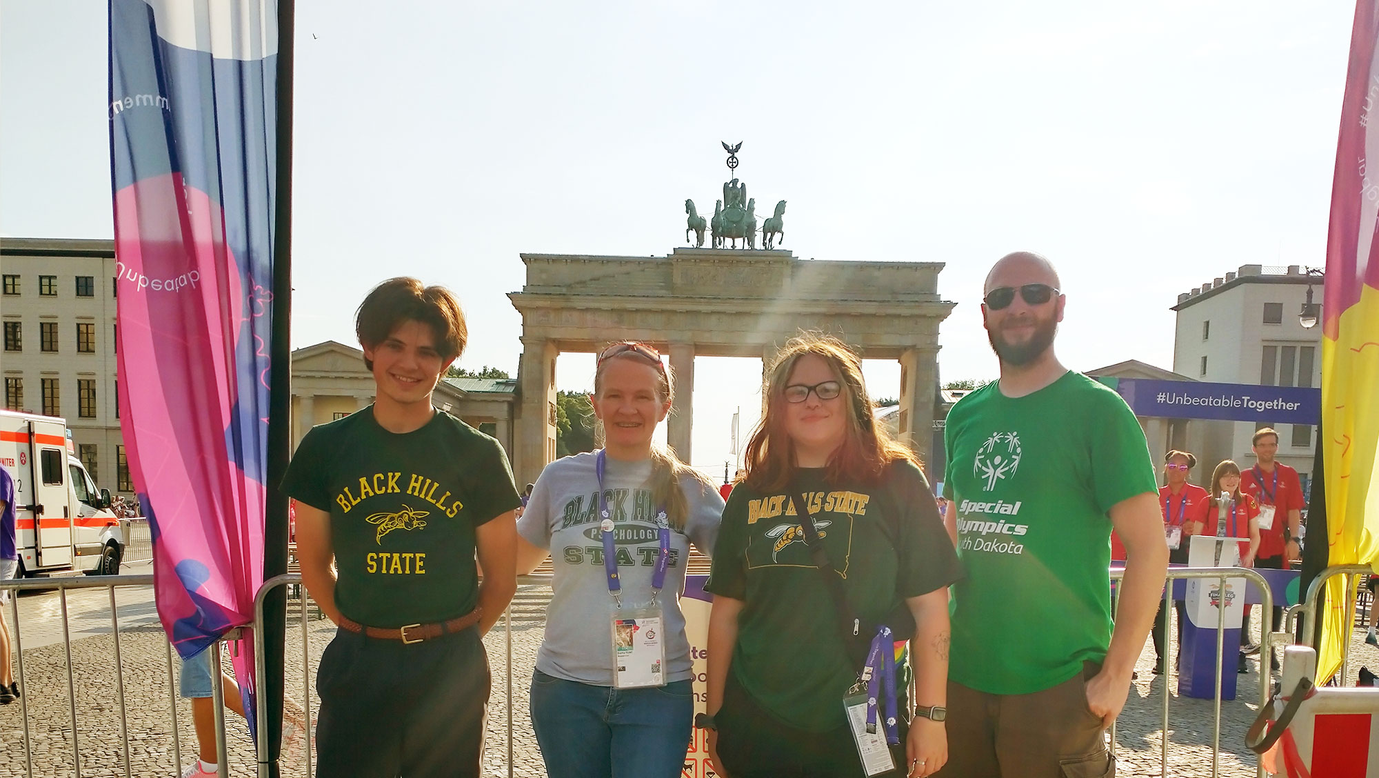 BHSU students and staff pose in Berlin while attending the 2023 Special Olympics.