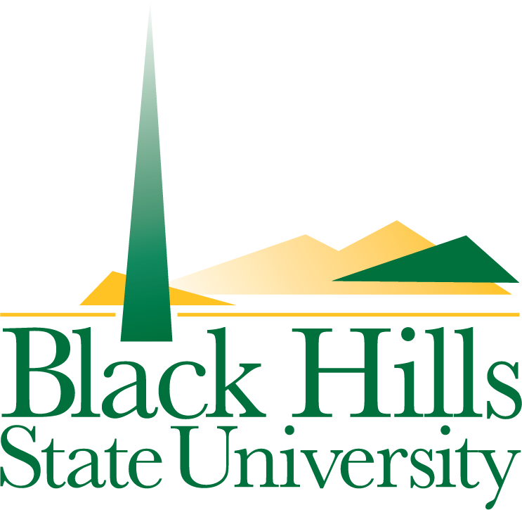 The old BHSU logo, depicting geometric, yellow and green triangles as the hills, with the words "Black Hills State University" underneath the logo.