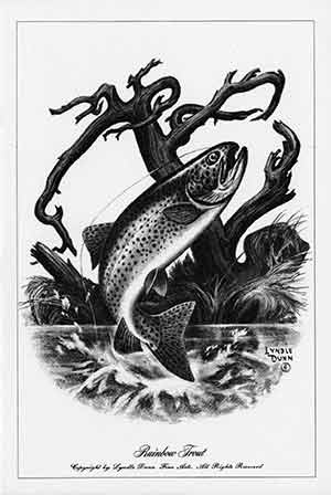 Black and white drawing of a trout jumping out of a lake.