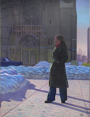 Oil painting of a women wearing a trench coat standing in front of a building