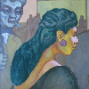Oil painting of a women with people in the background.