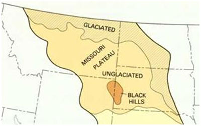 An image of the Northwest corner of the United States, highlighting the Missouri Plateau, the Black Hills, unglaciated land, and glaciated land.