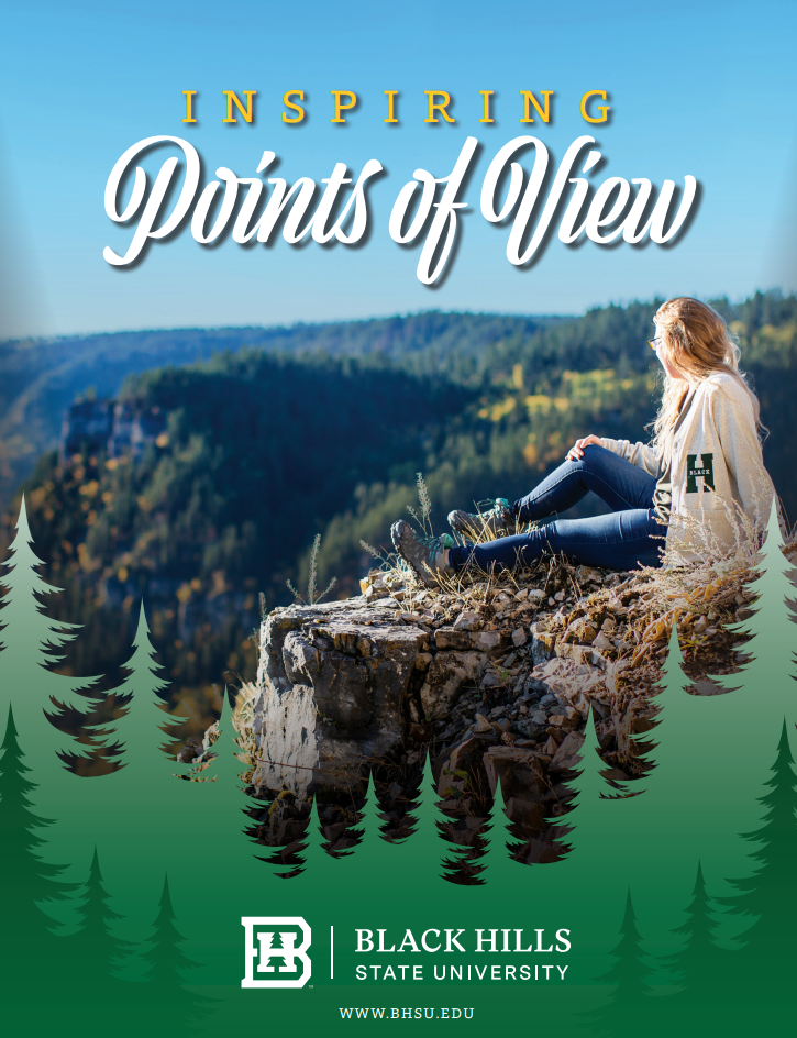 Girl sitting on rock overlooking the Black Hills with caption, "Inspiring Points of View"
