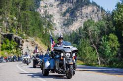 A man on a silver trike motorcycle with American flags attached rides down a winding road through the scenic, pine-covered Black Hills during the BHSU Jacket Ride.