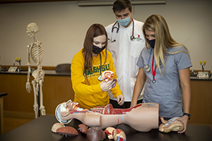 Three BHSU nursing students examining an anatomy dummy