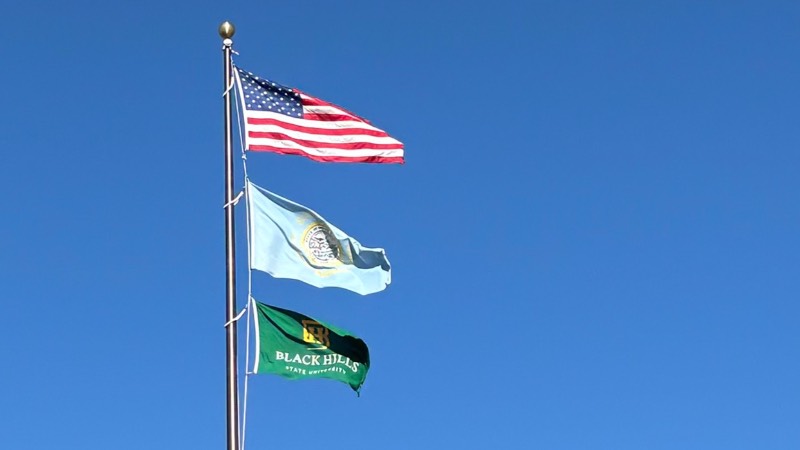 A flagpole stands against a clear, blue sky. Three flags are flying on it: the American flag is on top, the South Dakota state flag is in the middle, and the BHSU flag is on the bottom.