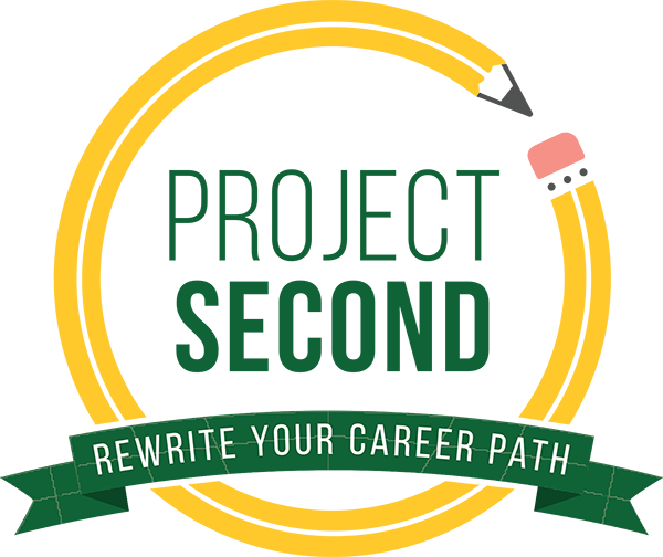 Project Second logo; The text "Project Second: Rewrite Your Career Path" with a yellow pencil wrapping around the text.