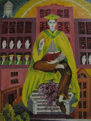 Painting of man wearing a cap and gown in front of a building.