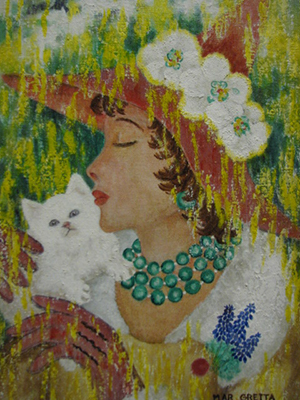 Painting of a women in a floppy hat with a white cat on the right.