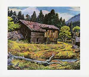 Painting of two cabins in the woods with a river in the foreground.