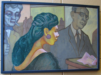 Oil painting of women sitting at a piano with two men standing in the background.