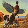 Painting of a dog chasing a flying pheasant.