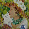 Painting of a women in a floppy cat with a white cat to the left.