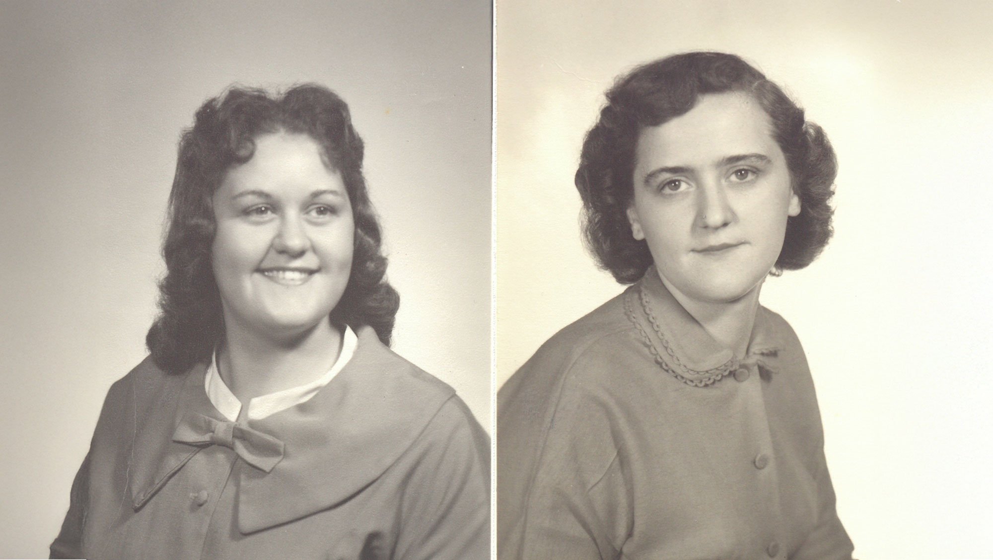 Side-by-side black-and-white graduation portraits of Shirley Ridgway and Deanna Ridgway, educators whose careers inspired the creation of the Shirley and Deanna Ridgway Memorial Scholarship supporting future elementary education students at Black Hills State University.