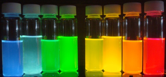 Nanocrystals emitting light in a variety of colors.