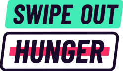 Graphic reading ‘SWIPE OUT’ in dark blue on teal above ‘HUNGER’ in black crossed out with a red line, representing a Swipe Out Hunger anti-hunger campaign.
