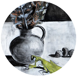 Drawing of a vase with a plant, and a praying mantis in the foreground.