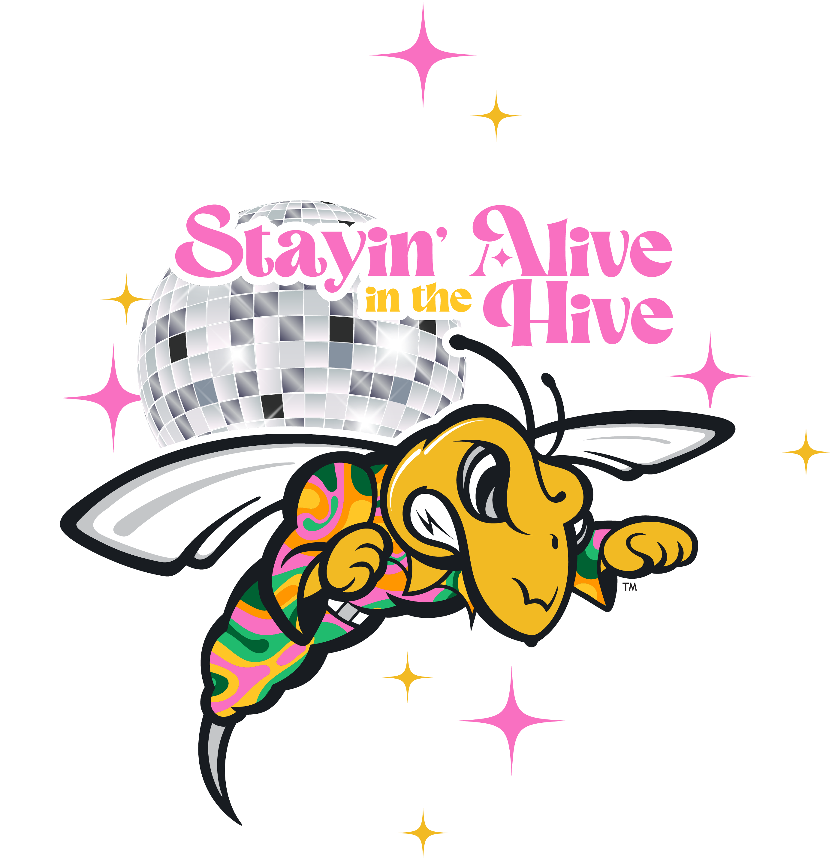 An illustration of BHSU's Sting mascot wearing a colorful, retro-style outfit with a disco ball in the background. Sting is flying with its fists forward, and there are pink and yellow starbursts around it. Above Sting, in stylized pink and yellow text, it says 'Stayin' Alive in the Hive.'
