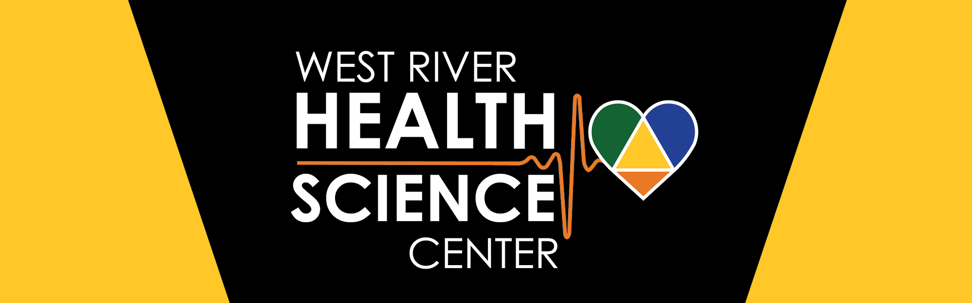 West River Health Science Center logo on black background with yellow accent, featuring an orange heartbeat line graphic and a colorful geometric diamond-shaped emblem with overlapping green, blue, yellow, and orange sections.