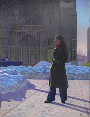 Oil painting of a women wearing a trench coat standing in front of a building.