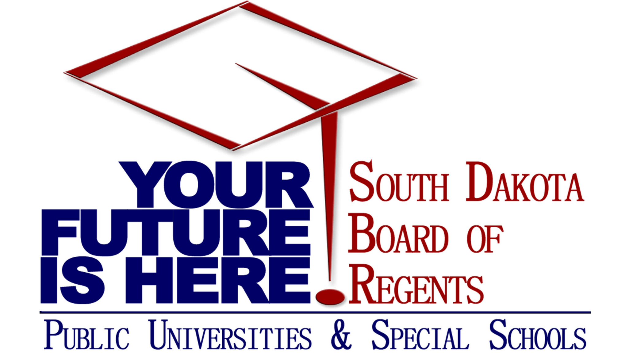 Stylized graduation cap with words "The Future is Here" on the left side of the tassel and the words "South Dakota Board of Regents" on the right. Words "Public Universities & Special Services" across the bottom separated from the other words by a line forming the logo. 