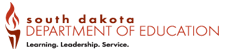 Stylized torch with south dakota Department of Education, Learning, Leadership, Service wordmark as the logo