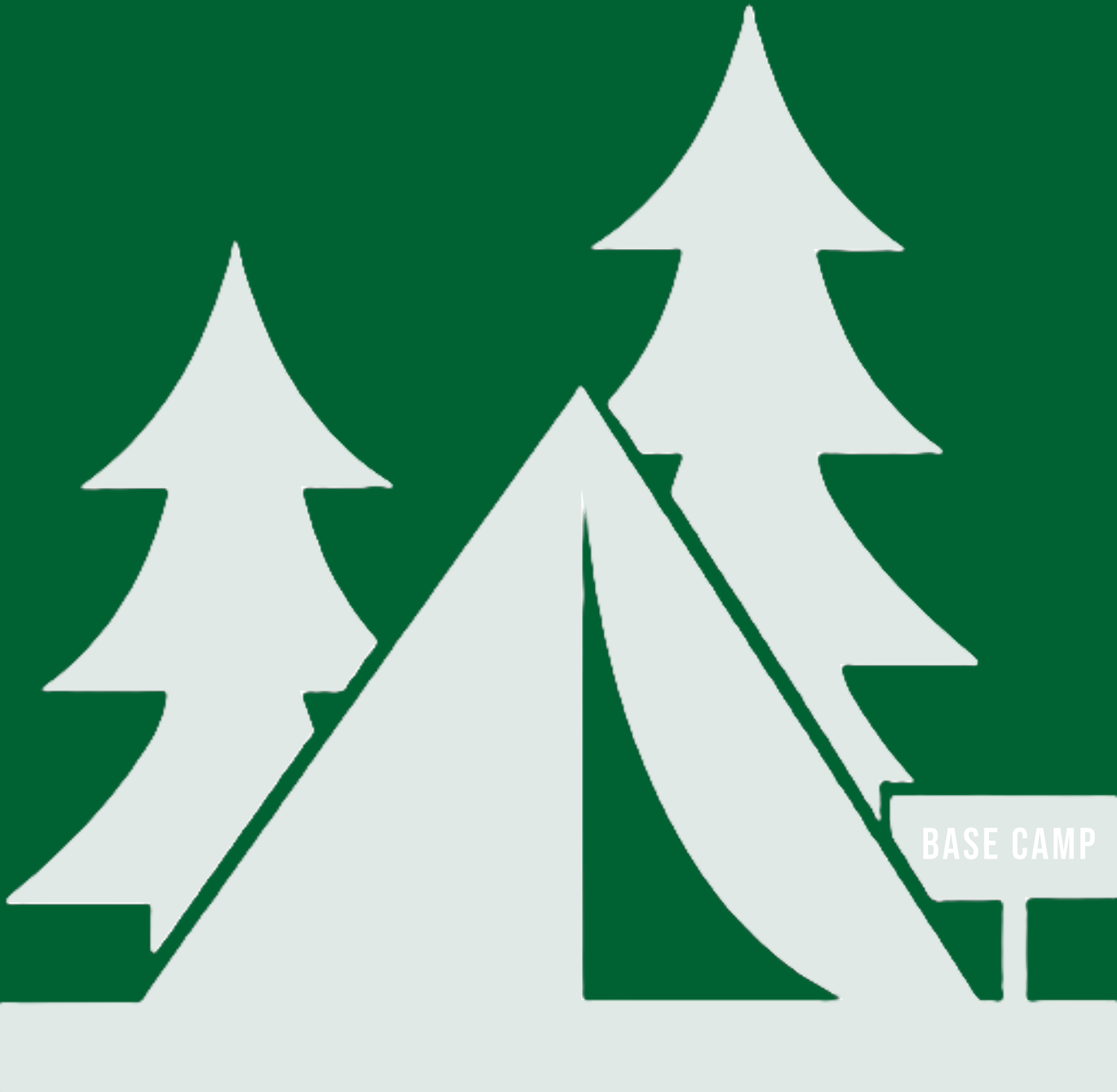 Graphic of two trees, a tent, and a sign that says "base camp"