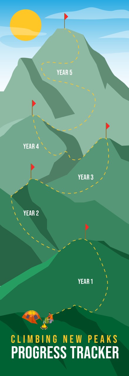 Cartoon graphic depicting 5 progress "camps" that will be reached over five years.