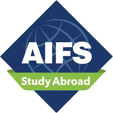 Diamond shaped logo with a globe icon in the center, AIFS text centered with "Study Abroad" underneath on green ribbon.